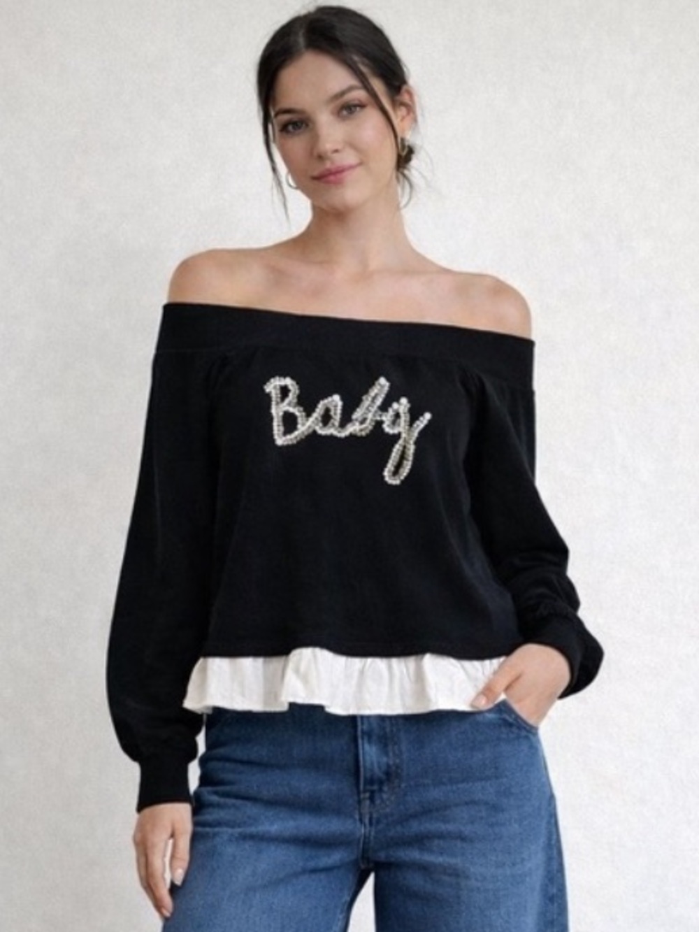 NWOT Endless Rose Off-Shoulder Black Top w/ Pearl “Baby” & Ruffle Hem (New)
